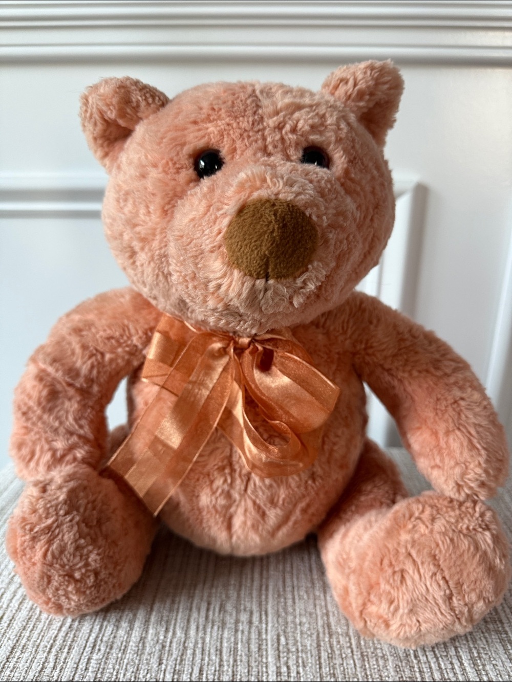 GUND Teddy Bear Plush Peach Pink Coral Stuffed Animal Satin Bow 13" Classic